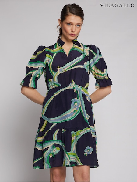 Vilagallo Blue Printed V-Neck Mini Dress (D33013) | €89