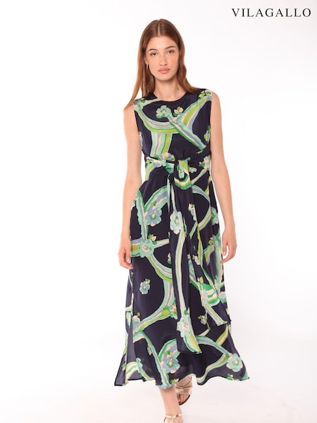 Vilagallo Blue Print Sleeveless Tie Front Dress (D33014) | €95