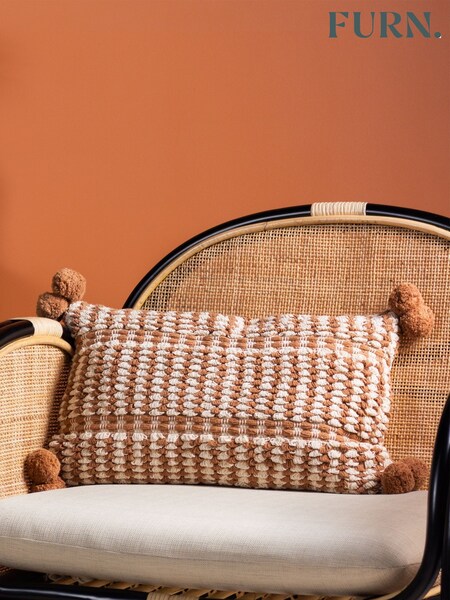 Furn Brown Ayaan Woven Loop Tufted 100% Cotton Double Pom Pom Cushion (D33086) | AED49
