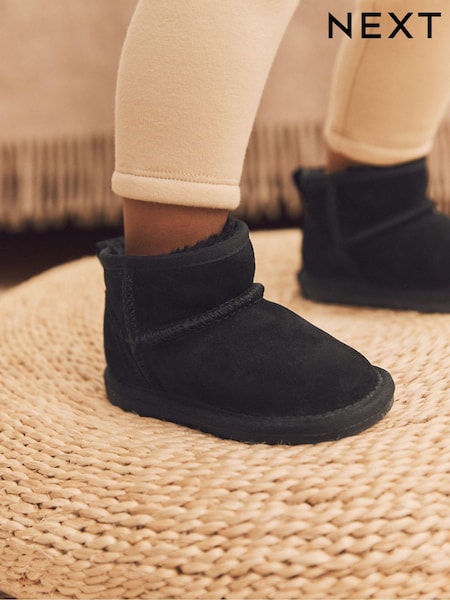 Black Suede Mini Faux Fur Lined Water Repellent Pull-On Suede Boots (D33314) | AED58 - AED67