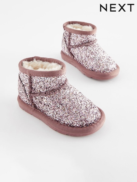 Pink Glitter Mini Faux Fur Lined Water Repellent Pull-On Boots (D33322) | €10 - €13