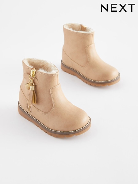 Beige Brown Standard Fit (F) Warm Lined Tassel Detail Zip Boots (D33324) | €12 - €14