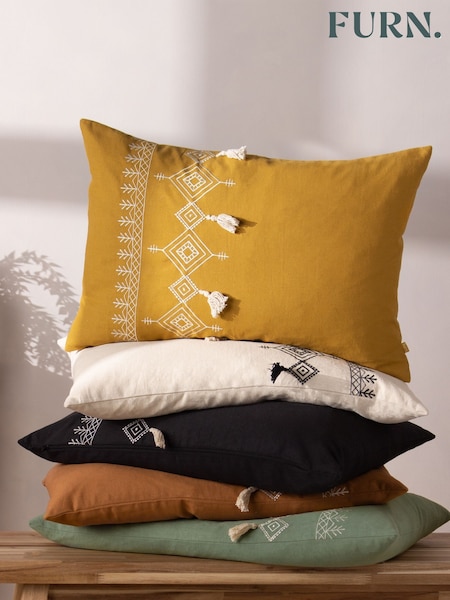 Furn Yellow Pritta 100% Cotton Embroidered Tasselled Cushion (D33679) | €22