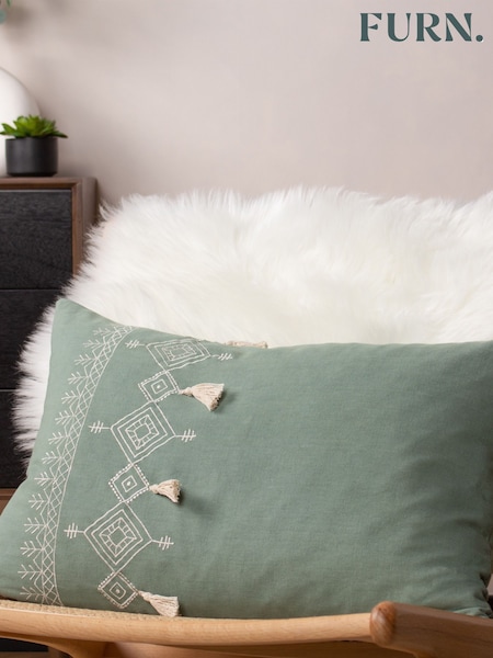 Furn Green Pritta 100% Cotton Embroidered Tasselled Cushion (D33680) | €24