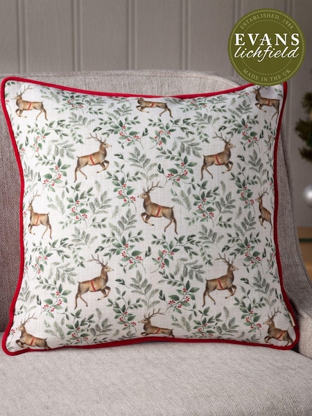 Evans Lichfield Red Festive Reindeer Repeat Watercolour Printed Piped Christmas Cushion (D33701) | €26