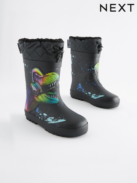 Schwarz/Limettengrün/Dinosaurier - Thinsulate™ Warm Lined Cuff Wellies (D33769) | 5 € - 6 €