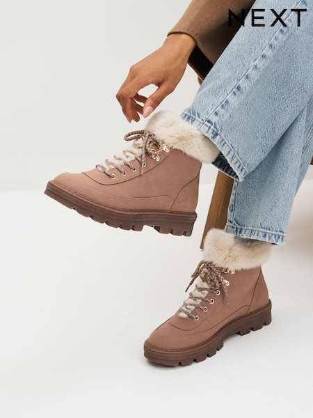 Tan Brown Regular/Wide Fit Forever Comfort® Faux Fur Lace Up Chunky Boots (D34926) | €38