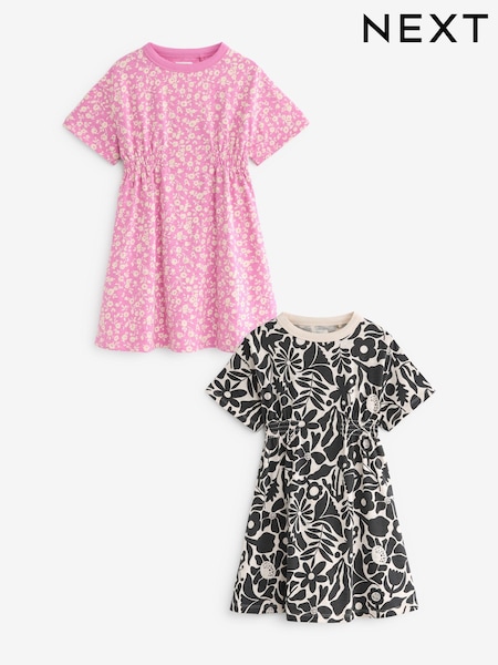 Black/ White /Pink Floral Print - Short Sleeve Dresses 2 Pack (3-16yrs) (D34983) | € 13 - € 18