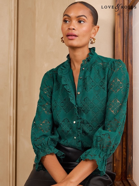 Meşə Yaşıl - Love & Roses Lace Ruffle Front 3/4 Sleeve Blouse