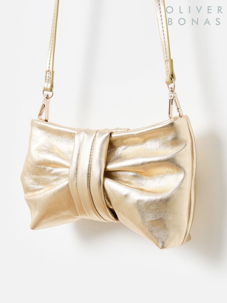 Gold - Oliver Bonas Gold Metallic Bow Clutch Bag