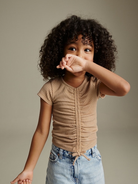 Neutral Textured Ruche Front T-Shirt (3-16yrs) (D35247) | AED33 - AED51