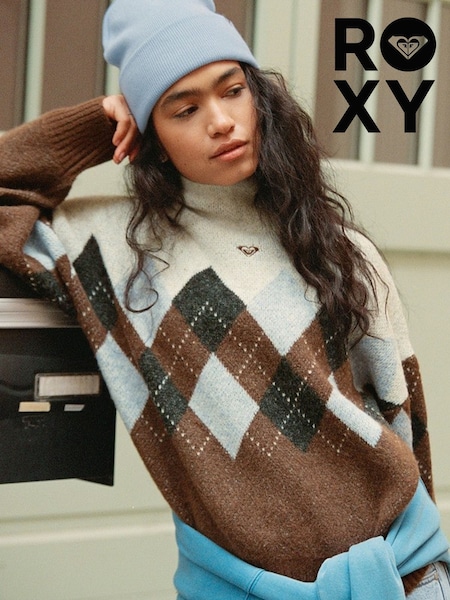 Brown - Roxy Lets Get High Mock Neck Argyle Jumper