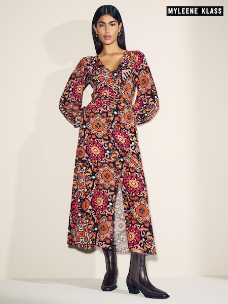 Коричневый - Myleene Klass Printed Midi Wrap Dress (D35815) | €18