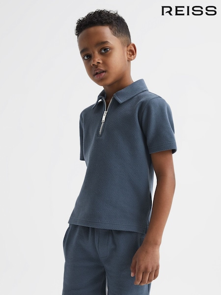 Reiss Airforce Blue Creed Slim Fit Textured Half Zip Polo Shirt (D36420) | €35