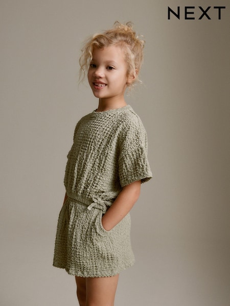 Kaki zelena - Textured Tie Side T-Shirt and Short Set (3-16yrs) (D36494) | € 13 - € 18