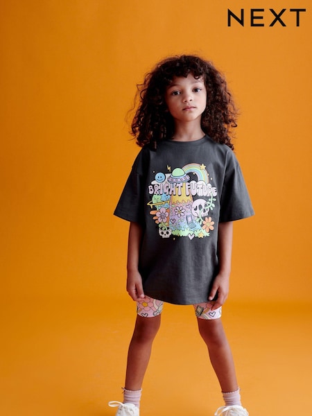 Charcoal Grey Bright Character Oversized T-Shirt and Cycle Shorts Set (3-16yrs) (D36503) | €8 - €11