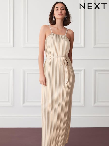 Oyster Cream - Plissé Strappy Midi Dress (D37084) | 23 €