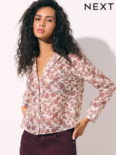 Ecru/Pink Floral Print - Lightweight Revere Collar Long Sleeve Shirt