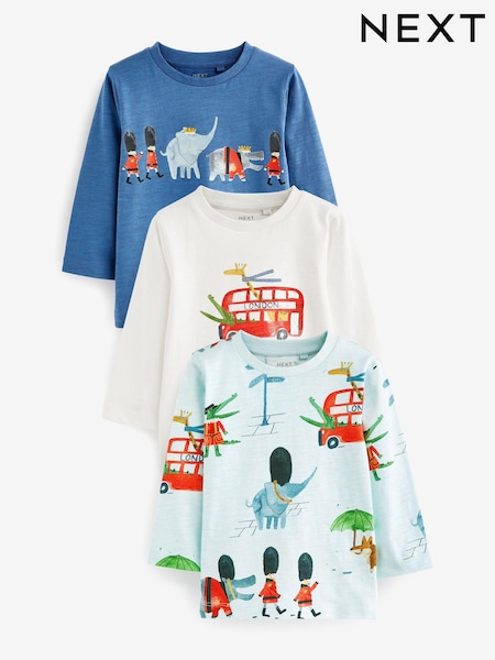 Modra/bela z londonskim avtobusom - Long Sleeve Character 100% Cotton T-Shirts 3 Pack (3mths-7yrs) (D37362) | € 15 - € 18