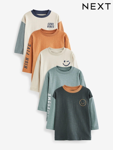 Multi 100% Cotton Slogan Long Sleeve T-Shirts 5 Pack (3mths-7yrs) (D37372) | 79 QAR - 93 QAR