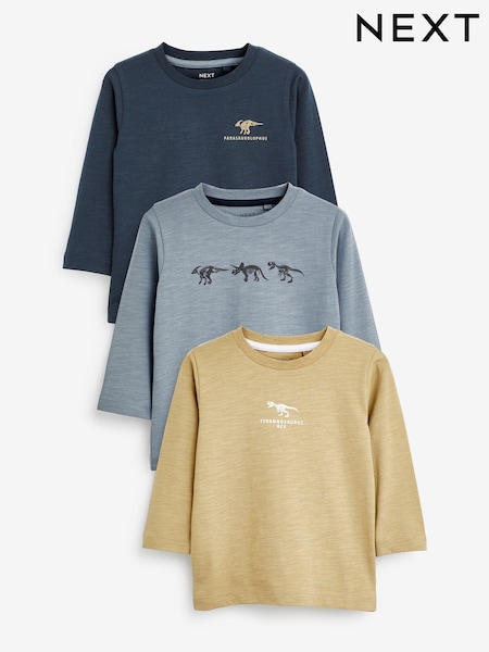 Marineblau/Khakigrün mit Mini-Dinosauriern - Long Sleeve Character T-Shirts 3 Pack (3mths-7yrs) (D37376) | 4 € - 5 €