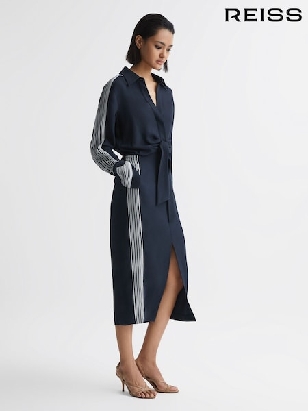 Reiss Navy Arabella Side Stripe Tie Front Midi Dress (D37430) | €101