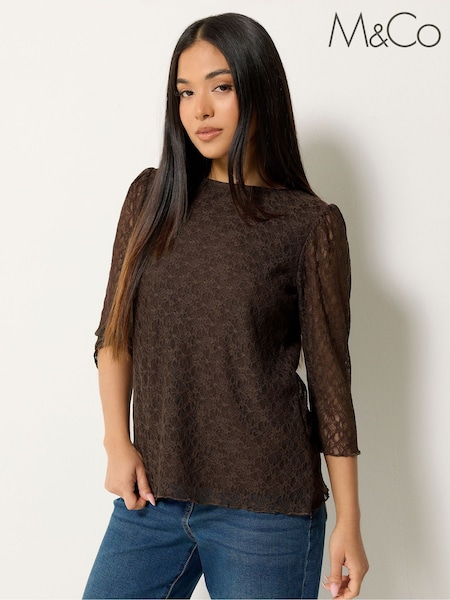 Brown - M&co Petite Lace 3/4 Sleeve Top