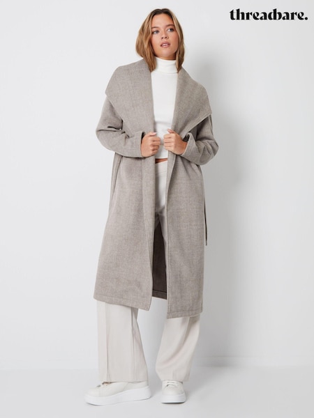 Threadbare Brown Shawl Collar Tie Waist Formal Maxi Coat (D37940) | €41.50