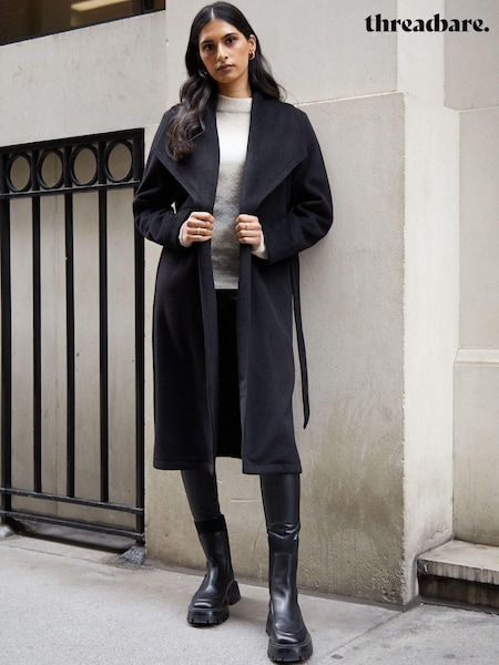 Threadbare Black Shawl Collar Tie Waist Formal Maxi Coat (D37992) | €41.50
