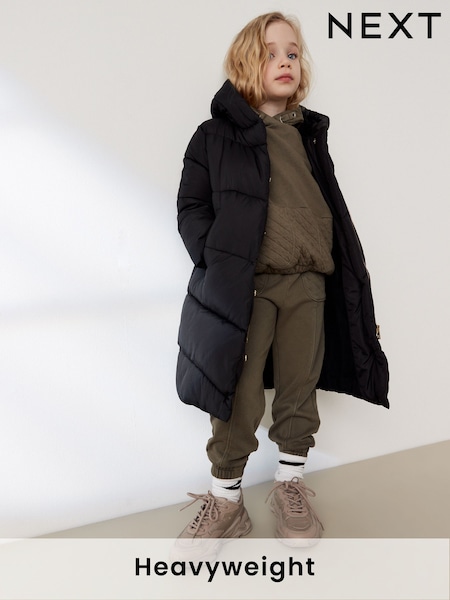 Black Longer Length Shower Resistant Faux Fur Lined Hooded Padded Coat (3-16yrs) (D38574) | CA$109 - CA$137