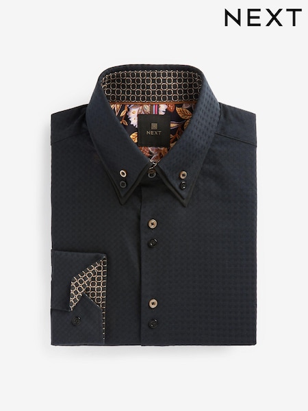 Black Contast Button Regular Fit Double Collar Textured Trimmed Shirt (D38583) | €21.50