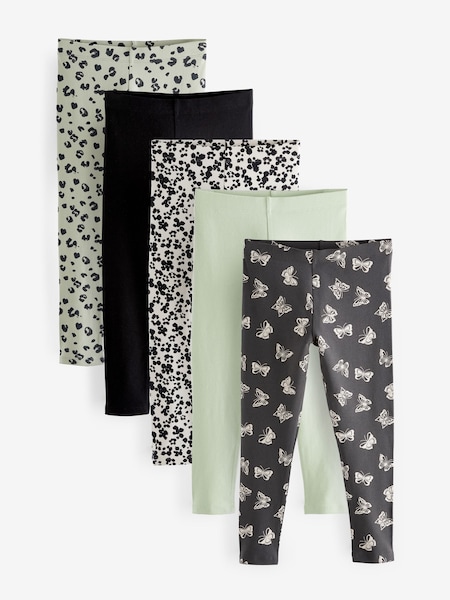Black/Soft Green Animal Leggings 5 Pack (3-16yrs) (D39151) | €10 - €14