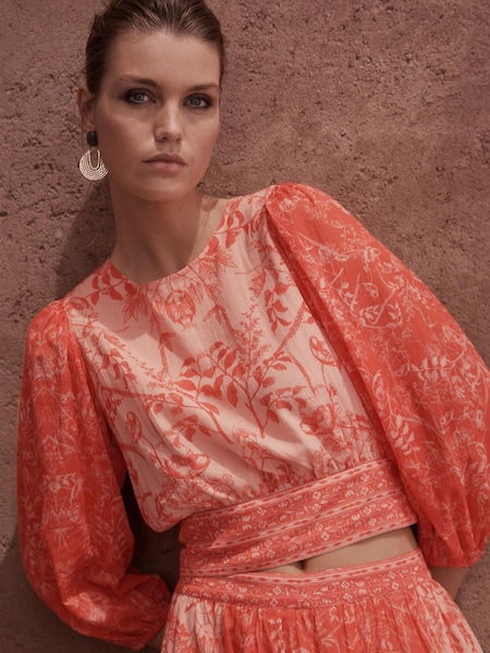 Red Floral Short Volume Sleeve Tie Back Top (D39186) | €13