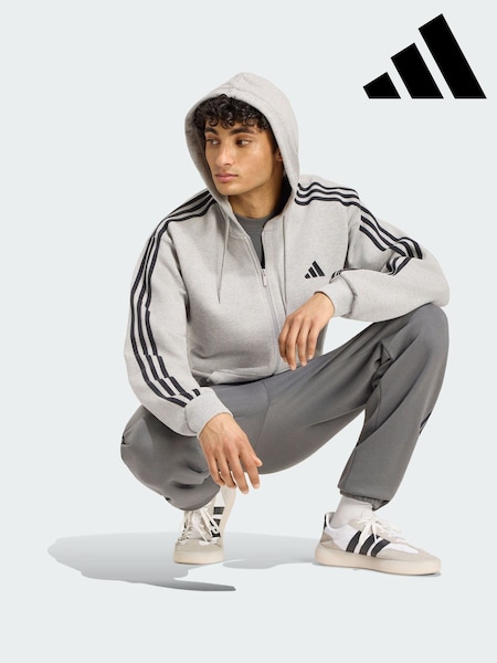 Grey - Regular Adidas Essentials 3-stripes French Terry Full-zip Hoodie