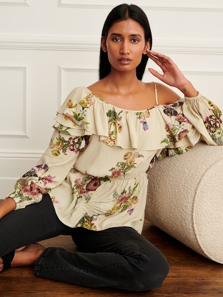 Preen/Ecru geblümt - Long Sleeve Ruffle One Shoulder Blouse (D39276) | 14 €