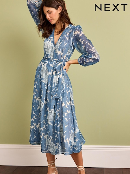 Синий с принтом Morris & Co. - Morris & Co.Tulip Blue Print Wrap Midi Dress (D39278) | €39