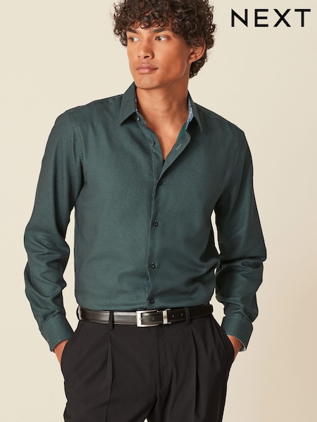 Dark Green Regular Fit Cotton Textured Trimmed Single Cuff Shirt (D39551) | €7