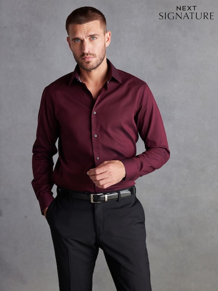 Burgundy Red Slim Fit Signature Premium 100% Cotton Textured Long Sleeve Single Cuff Shirt (D39573) | 89 QAR