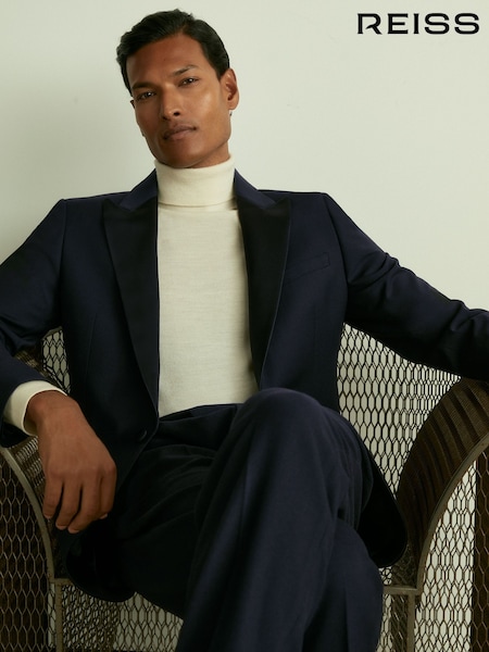 Reiss Navy Poker Peak Lapel Regular Fit Single Breasted Tuxedo Jacket (D40034) | €499
