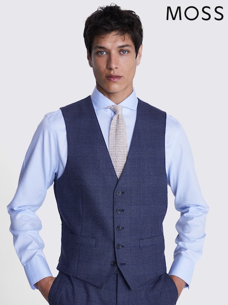 MOSS Blue Tailored Fit Check Waistcoat (D40323) | R$ 1,085