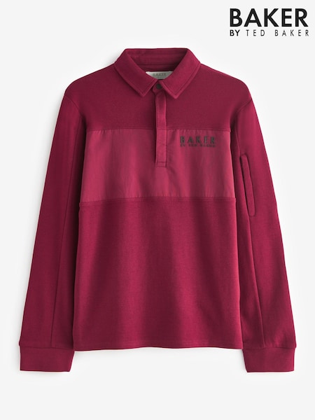 Burgundsko rdeča - Baker by Ted Baker 100% Cotton Long Sleeve Panel Polo Shirt (D40811) | € 16 - € 20