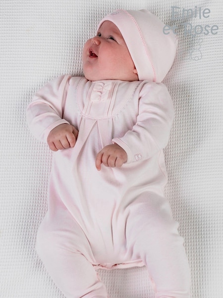 Emile Et Rose Pink 100% Cotton All-In-One With Pleated Yoke With Ric-Rac And Hat (D41192) | €51