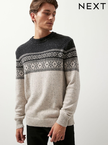 Светло-бежевый/серый - Вырез под горло - Fairisle Pattern Knitted Jumper (D41236) | €7