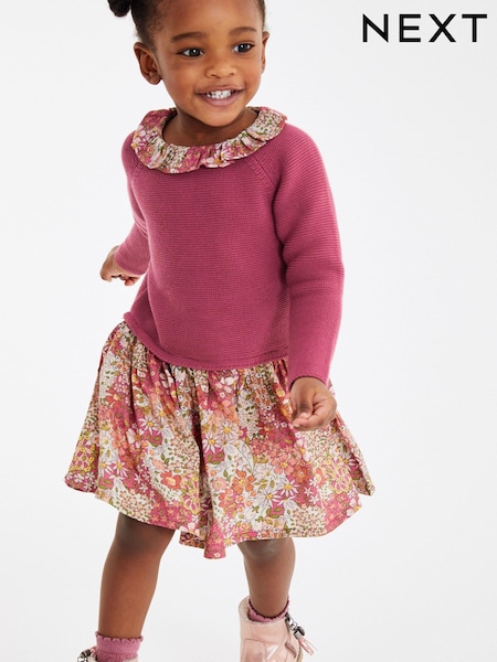 Pink Jumper Dress With Printed Skirt (3mths-7yrs) (D41516) | €16 - €19