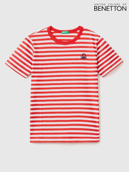 Punainen - Benetton Boys Striped 100% Cotton Logo T-shirt (D41836) | €15