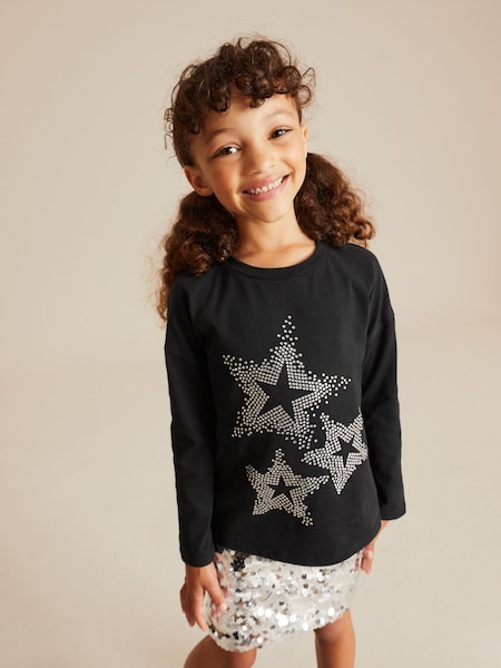 Black Sequin Heart 100% Cotton Long Sleeve T-Shirt (3-16yrs) (D42684) | AED33 - AED48