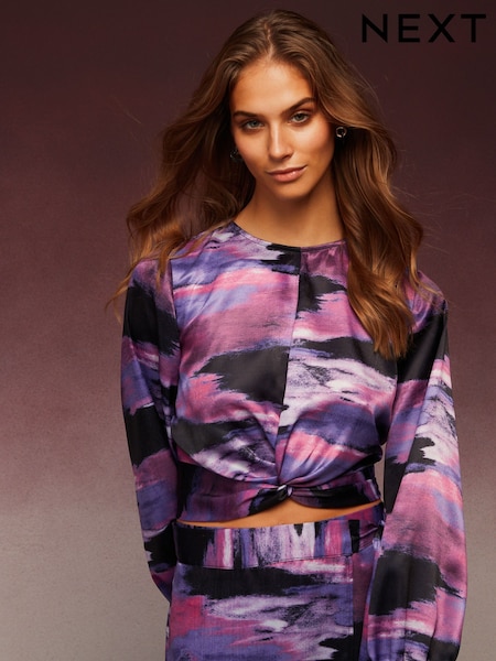 Purple Tie dye Print Knot Front Long Sleeve Satin Top (D43230) | €14