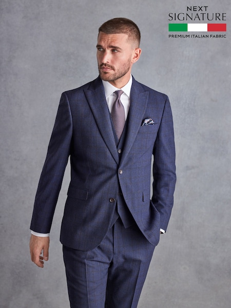 Navy Blue Slim Fit Signature Italian Fabric Check Suit (D43294) | €214