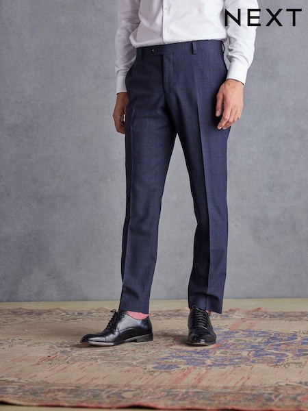 Navy Blue Slim Fit Signature Italian Fabric Check Suit: Trousers (D43295) | €146