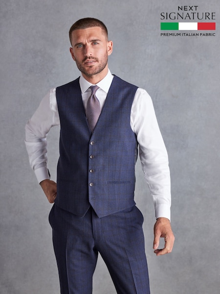 Navy Blue Regular Fit Signature Italian Fabric Check Suit Waistcoat (D43296) | R$ 860